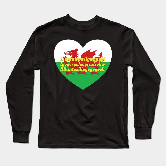 Llanfairpwllgwyngyllgogerychwyrndrobwllllantysiliogogogoch Wales UK Wales Flag Heart Long Sleeve T-Shirt by DPattonPD